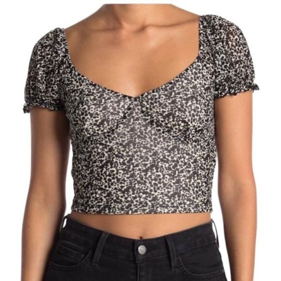 Abound | Puff Sleeve Mesh Crop Ivory Mini Moo Black Top - Picture 1 of 3
